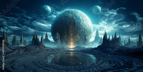 a citadel resembling the planet Neptune , alien planet in space