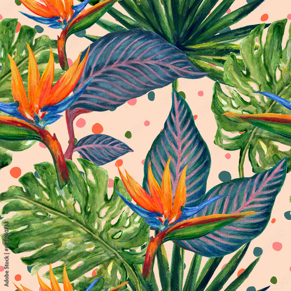 Summer colorful exotic jungle tropical floral plants pattern watercolors