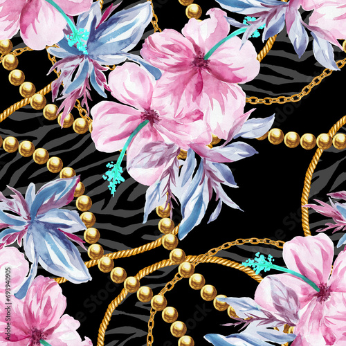 Fototapeta Naklejka Na Ścianę i Meble -  Summer exotic jungle tropical Hibiscus floral plants pattern folk watercolors