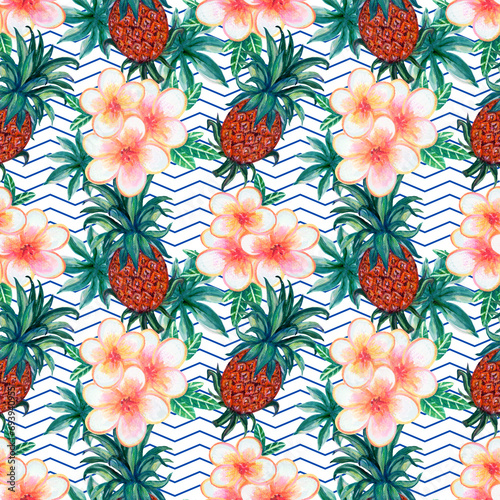 Fototapeta Naklejka Na Ścianę i Meble -  Summer exotic jungle tropical floral plants pineapple fruit pattern watercolors