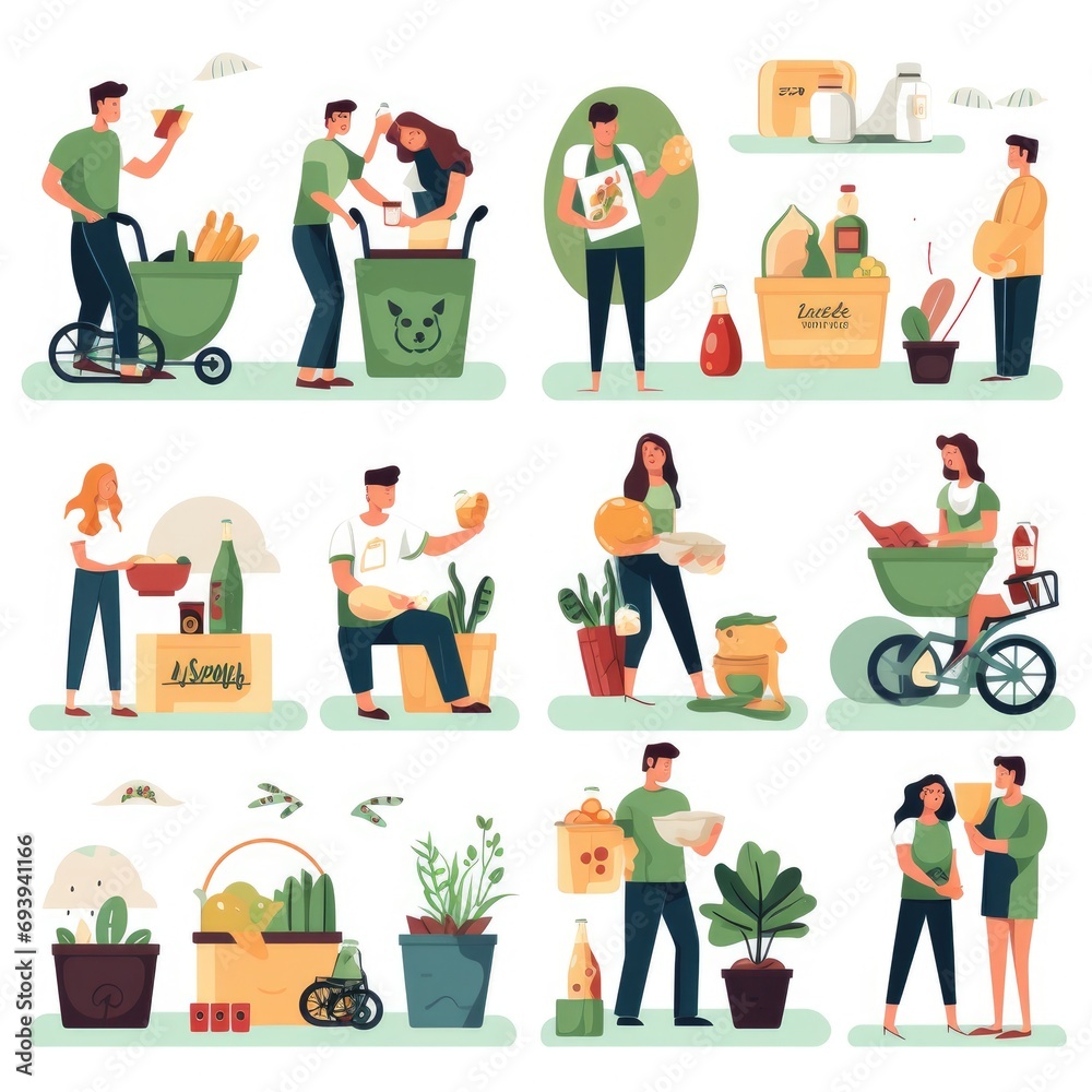 Sustainable lifestyle set. People are collecting plastic waste in the recycling bin while trying to save the planet earth and following a vegan diet. set of icons
