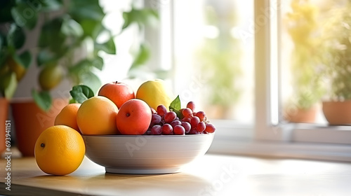 A bowl of fruit on the kitchen table by the window. photo