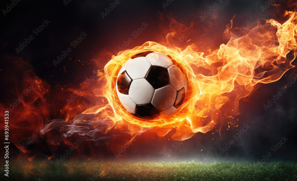 Naklejka premium Fast flying football ball on fire over football field on dark background, fire football