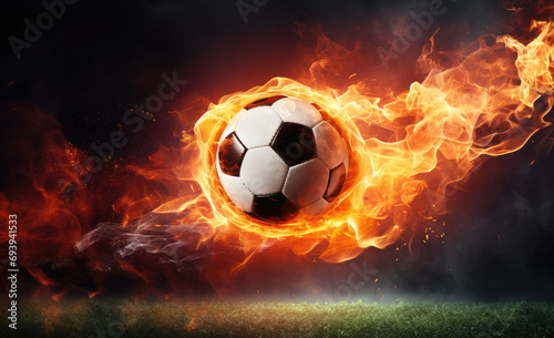 Fast flying football ball on fire over football field on dark background, fire football