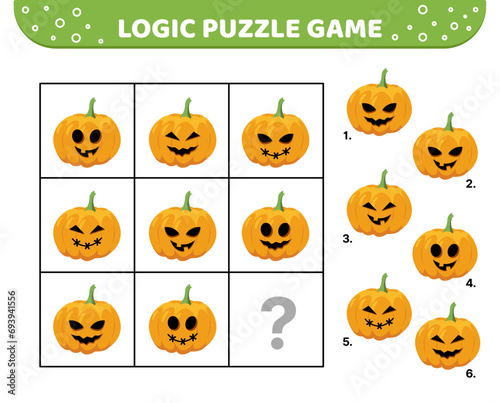 Logic puzzle game. Jack o lantern pumpkin. For kids. Cartoon