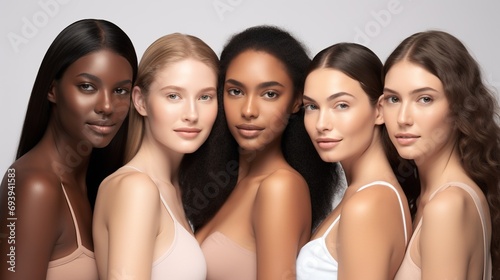 young multiracial women studio shot, caucasian and afro female multiethnic diversity concept, fashion models with perfect skin looking at camera