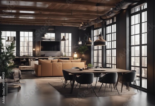 Modern loft apartment interior panorama 3d render © ArtisticLens