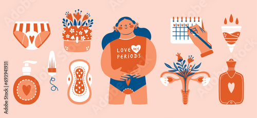 Woman during menstruation. Cartoon character. Clip arts with female pads, tampon, container, menstrual cup, panties, flowers, calendar, reproductive system, hygiene products. Love my periods. 