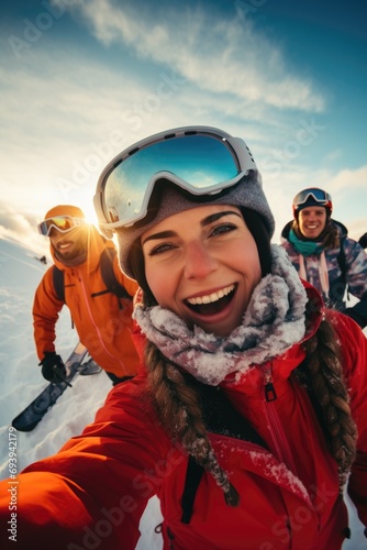 A group of people standing together on top of a snow covered slope. This image can be used to represent teamwork, adventure, winter activities, or outdoor sports