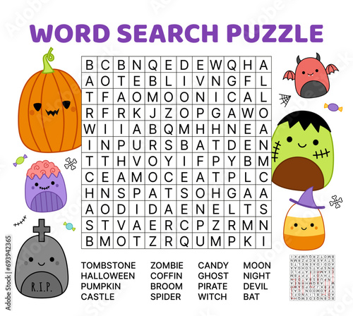 Halloween. Word search game puzzle for kids. Squishmallow. English words. Cartoon, kawaii