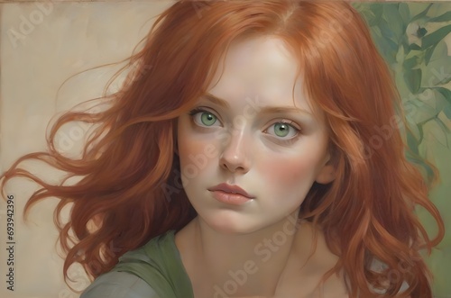 A portrait of a woman with red hair, green eyes and rosy cheeks. Generative AI