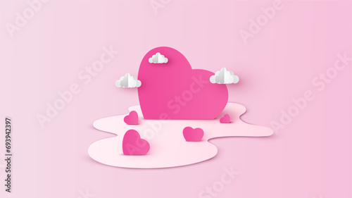Illustration of pink heart melt on the ground with cloud. Graphic design for Valentine's day. paper cut and craft style. vector, illustration.