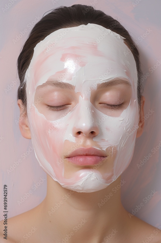 young beautiful woman lying in spa salon with beauty face mask, body care and treatment concept