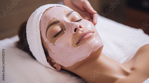 young beautiful woman lying in spa salon with beauty face mask, body care and treatment concept