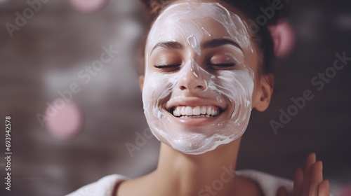 young beautiful woman lying in spa salon with beauty face mask, body care and treatment concept