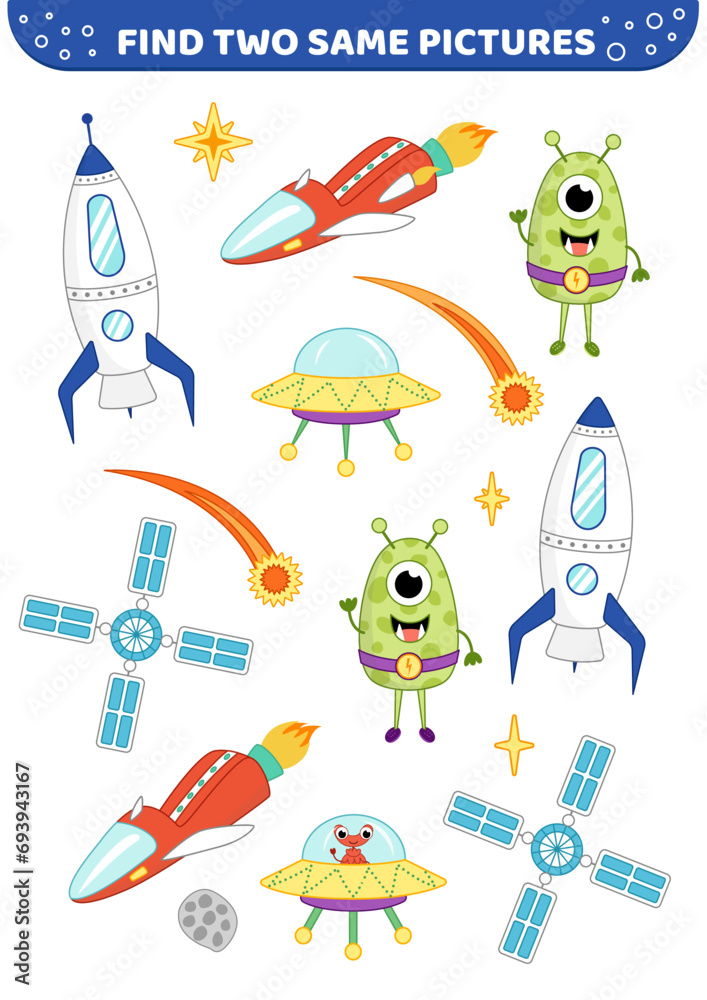 Fototapeta premium Space rocket, ufo, comet, ship. Find two same pictures. Game for children. Cartoon, vector