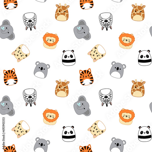 Tiger, koala, leopard, zebra, elephant, lion on seamless pattern. Squishmallow. Kawaii, vector