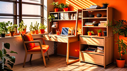 Warm Home Office with Wooden Desk, Soft Rug, and Green Plants, Productive Comfort,