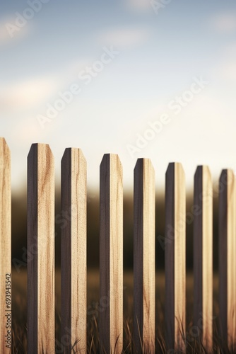 A detailed view of a wooden fence standing in a field. Perfect for rustic or nature-themed designs