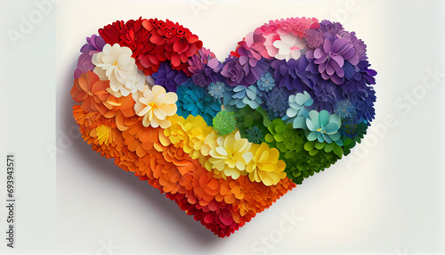 Rainbow color heart made of flowers isolated on white background. This illustration represents concept of love for LGBTQ, gay, lesbian, pride and bisexsual, Ai generated image. photo