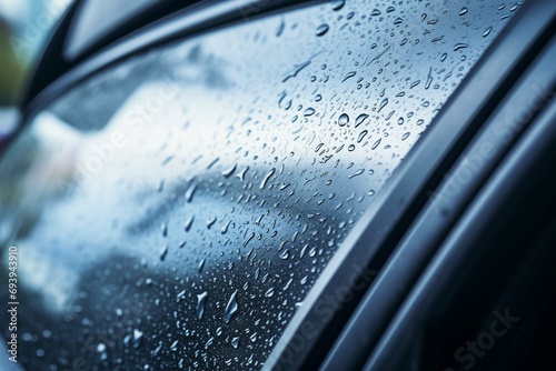 Clean car windshield with multiple water drops on after heavy rain and dew water repellent surface treatment photo