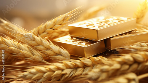 wheat and gold bullion. harvest concept, agriculture, agrocomplexes, grain sales, grain shortage