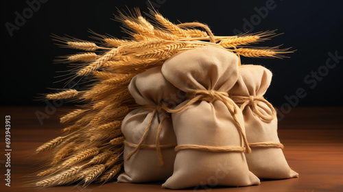 wheat in bags. harvest concept, agriculture, agrocomplexes, grain sales photo