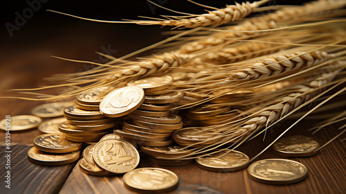 Wheat and gold coins. harvest concept, food crisis, expensive grain photo