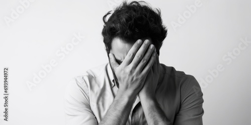 A man with his face hidden behind his hands. Can be used to depict emotions such as sadness, despair, frustration, or stress. Suitable for illustrating mental health, anxiety, or personal struggles photo