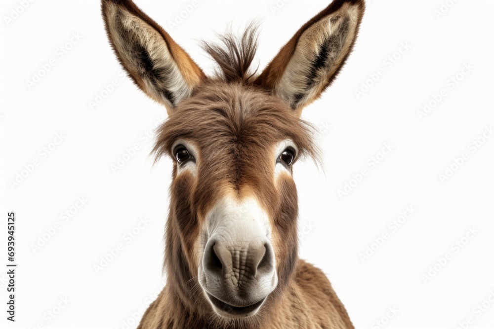 A close-up view of a donkey's face on a white background. This image can be used in various contexts