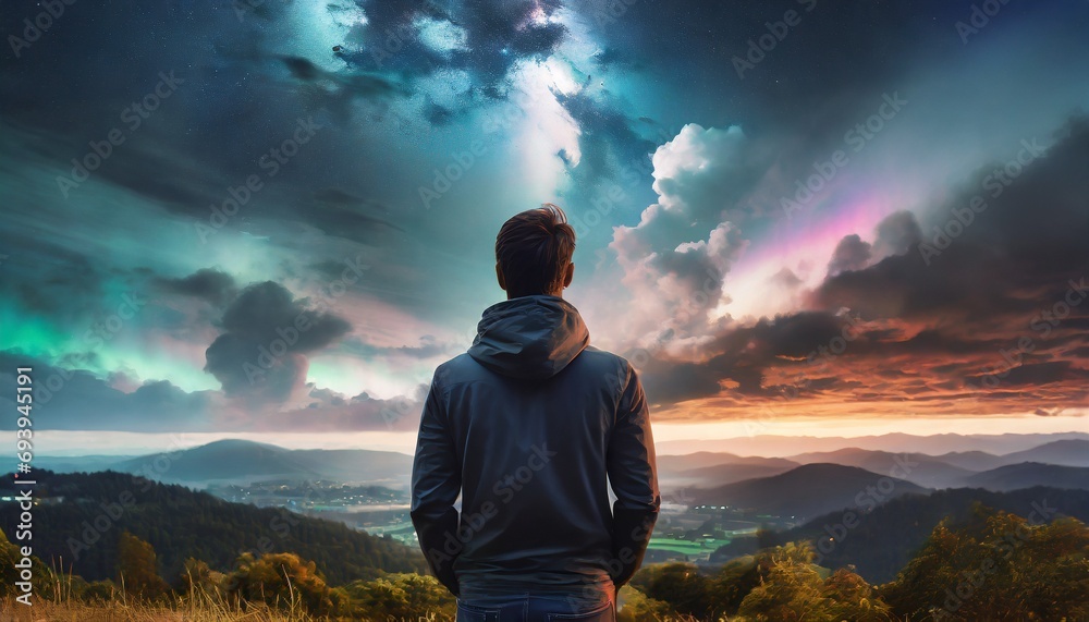 Obraz premium Tranquil Night Silhouette: Ambient Vibes with Hoodie-Girl or Boy facing away, Gazing at Starlit Sky Contemplating Cosmic Beauty