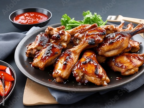 Grilled sticky chicken wings on plate over dark background