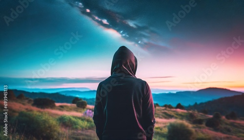 Tranquil Night Silhouette  Ambient Vibes with Hoodie-Girl or Boy facing away  Gazing at Starlit Sky Contemplating Cosmic Beauty