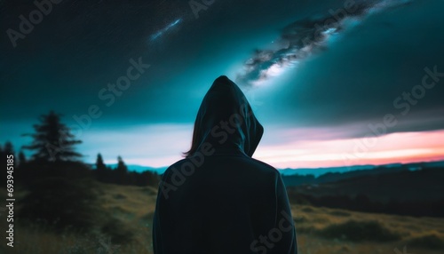 Tranquil Night Silhouette: Ambient Vibes with Hoodie-Girl or Boy facing away, Gazing at Starlit Sky Contemplating Cosmic Beauty