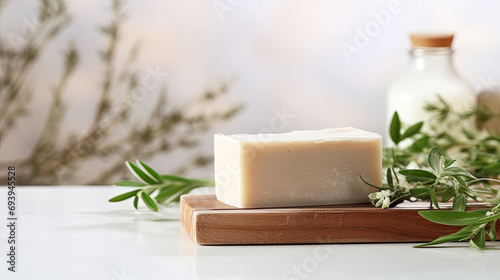 Natural handmade soap on an eco-style background, handmade with herbal ingredients with space for text. Hobby soap making, home made. 
