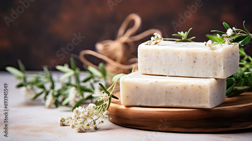 Natural handmade soap on an eco-style background, handmade with herbal ingredients with space for text. Hobby soap making, home made.  photo