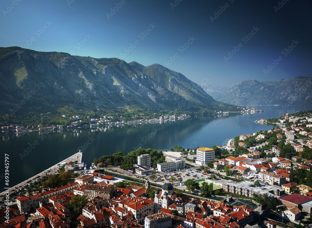 kotor old town and fjord landscape view in montenegro