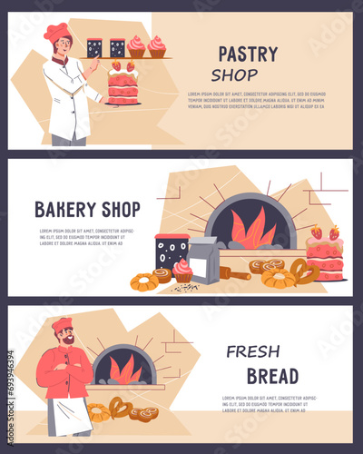 Set of bakery and pastry shop banner or flyer templates with bakers present baked bread and pastries, flat vector illustration. Bakery and bread banners set.