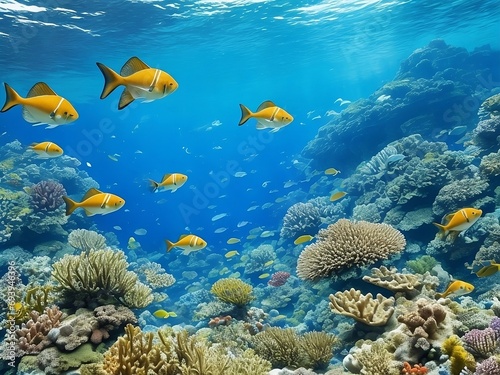 coral reef and fish, Tropical Sea underwater fishes on coral reef