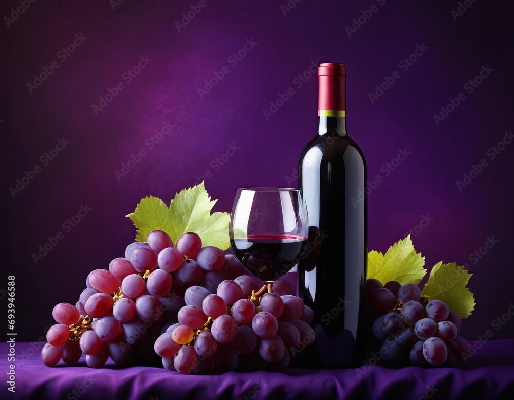 A bottle and glass of red wine are on the table surrounded by bunches of grapes. Dark purple background