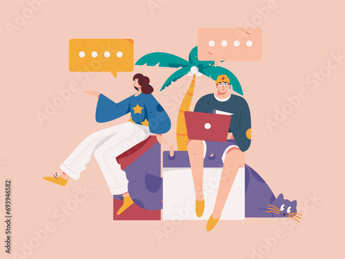 Virtual characters social communication concept business flat vector hand drawn illustration

