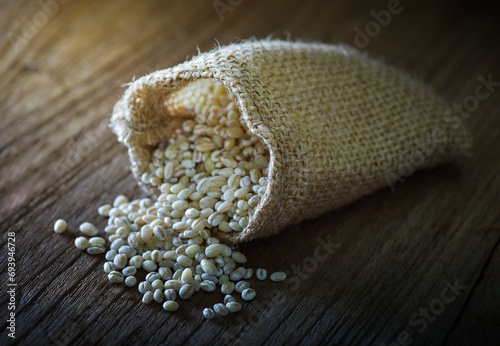 pearl barley in sacks against