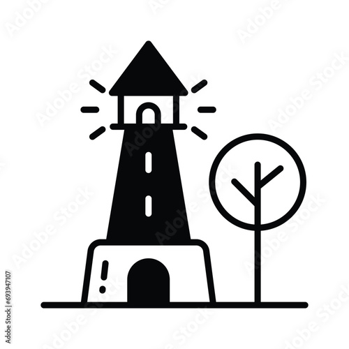A tower containing a beacon light to warn or guide ships at sea, well designed icon of lighthouse