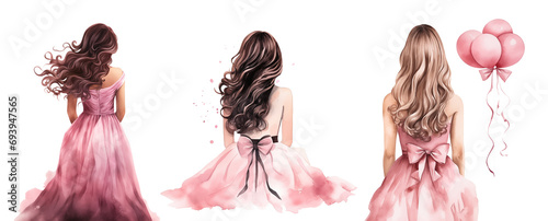 Watercolor woman with loose hair in a pink dress back view Valentines day illustration