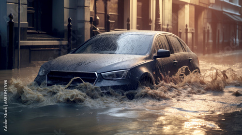 Car in a flooded street after heavy rain 