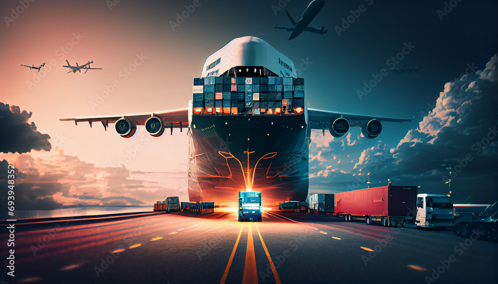 The freight forwarding companies of the future and their customers will bring together multi-sector deliveries. Logistics solutions from the future in the image , Ai generated image. - obrazy, fototapety, plakaty 