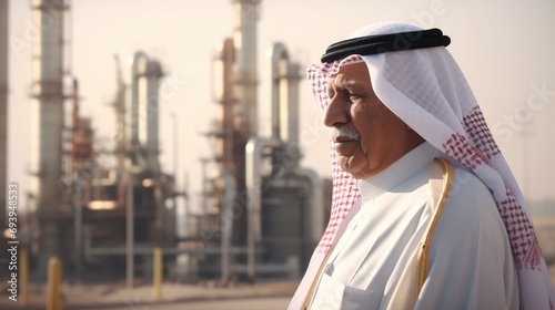 A man wearing a headscarf stands in front of a factory. This image can be used to depict industrial work, labor, or the concept of hard work and dedication