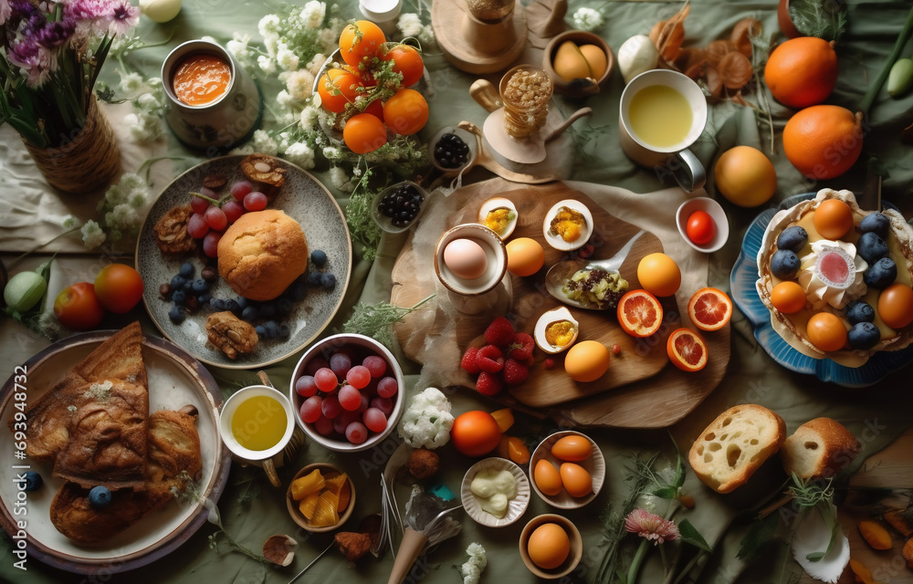 Holiday breakfast. Festive dishes on the table on Easter. Elements of Easter. Holiday breakfast. Festive dishes on the table on Easter. Elements of Easter.