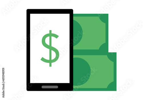 Icono de móvil con dólar y billetes.