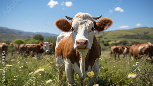 Well-groomed cow in the field.Farm life. Cow in the pasture